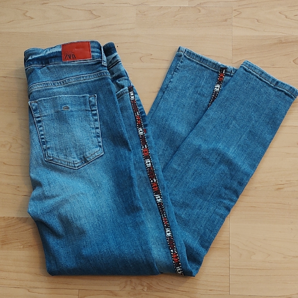 Zara Blue Denim Jeans with Embroidered Detail